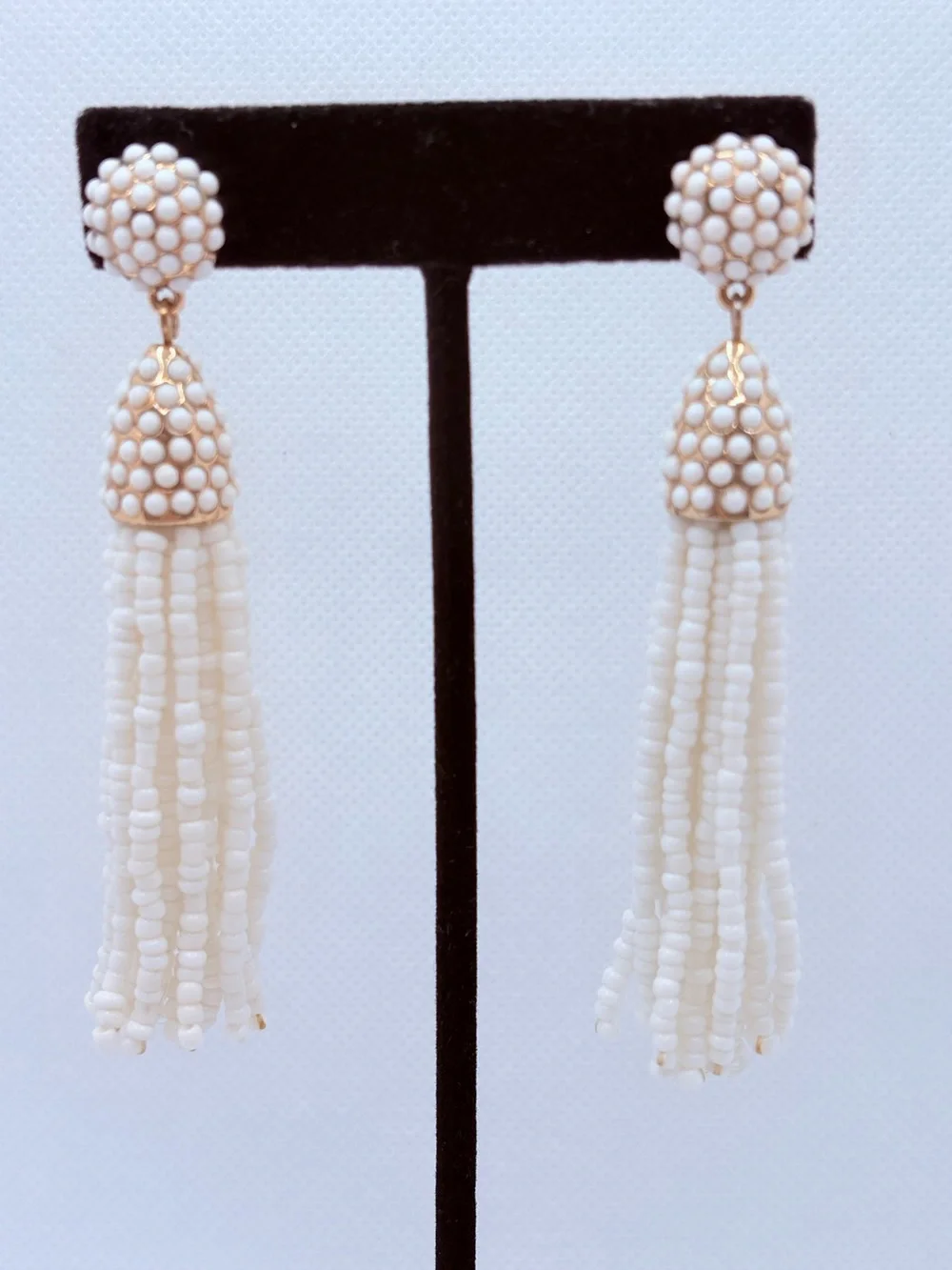 Bauble Bar White Seed Bead Tassel Earrings Goldtone 3” Dangle